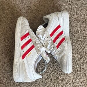 Adidas White Sneakers with Red Stripes